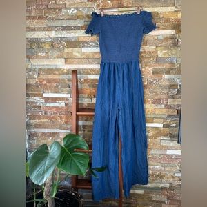off the shoulder Jean jumpsuit wide wide legs and slit s/m